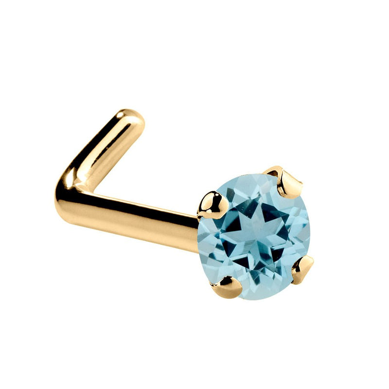 14K yellow gold aquamarine L-shape nose ring with 2mm standard blue prong-set stone