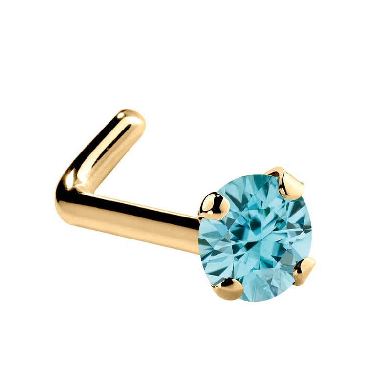14K yellow gold L-shape nose ring with 2mm genuine blue zircon, standard size prong setting