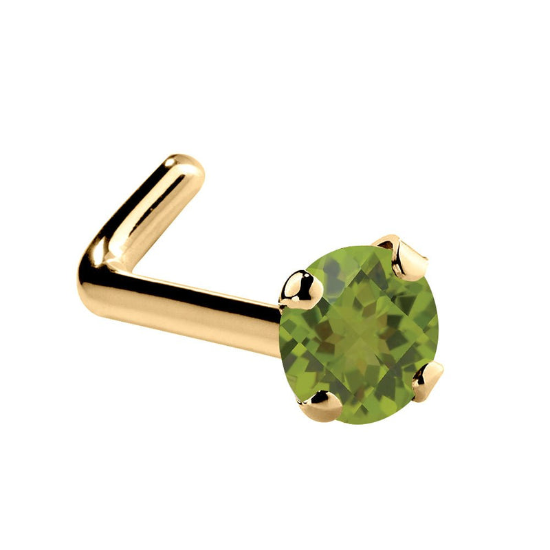 14K yellow gold peridot L-shape nose ring with 2mm genuine green stone showing L-post backing