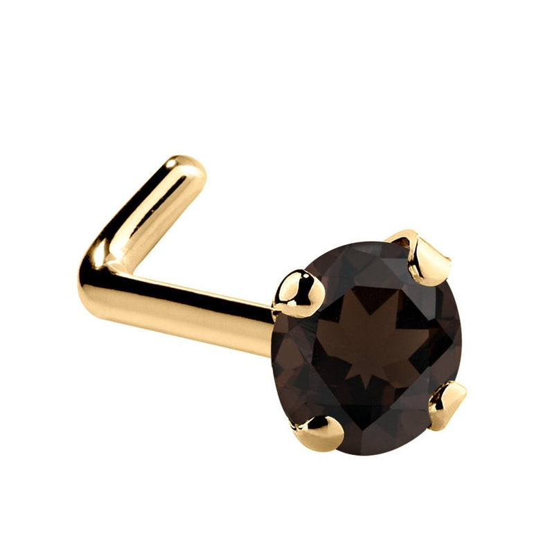14K yellow gold smokey quartz L-shape nose ring with 3mm large brown stone, prong set