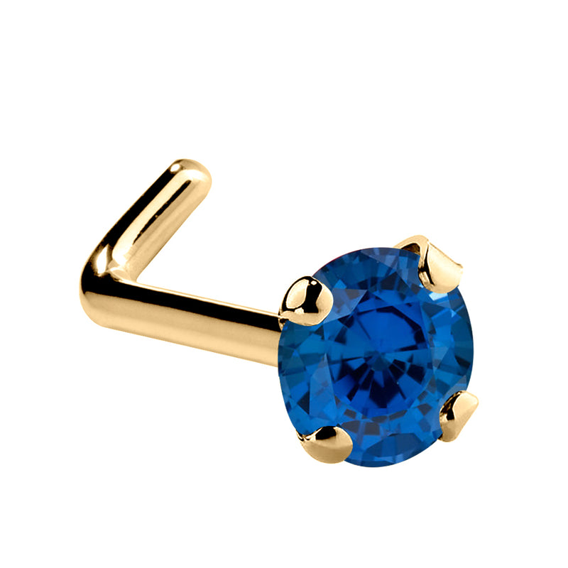 14K yellow gold blue sapphire L-shape nose ring with 3mm large stone, showing 90-degree post bend