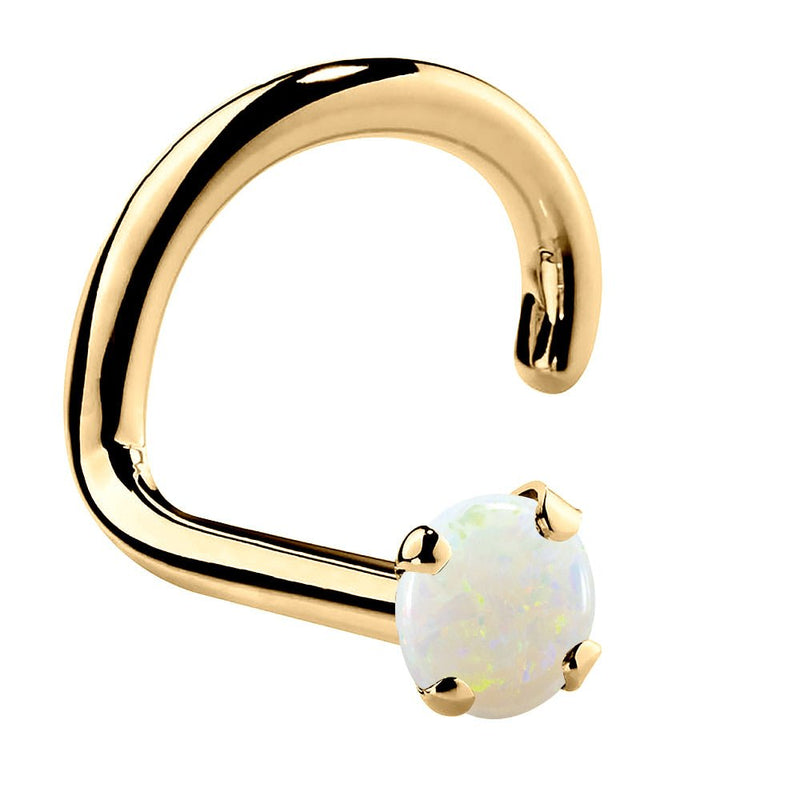 14K yellow gold genuine opal nose ring twist style, 1.5mm tiny opal cabochon, side view