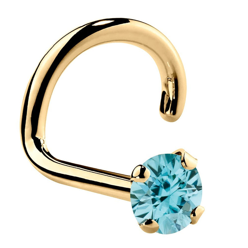 14K yellow gold twist nose ring with 2mm genuine blue zircon, standard size prong setting