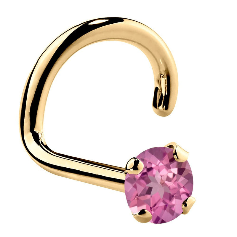 14K yellow gold pink tourmaline twist nose ring with 2mm standard genuine gemstone in prong setting