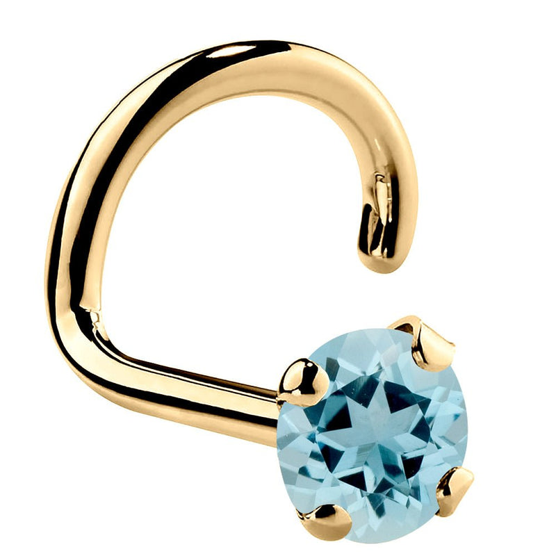 14K yellow gold aquamarine nose ring twist style with 3mm large round blue gemstone