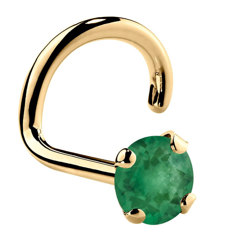 14K yellow gold genuine emerald twist nose ring with large 3mm prong-set green emerald stone