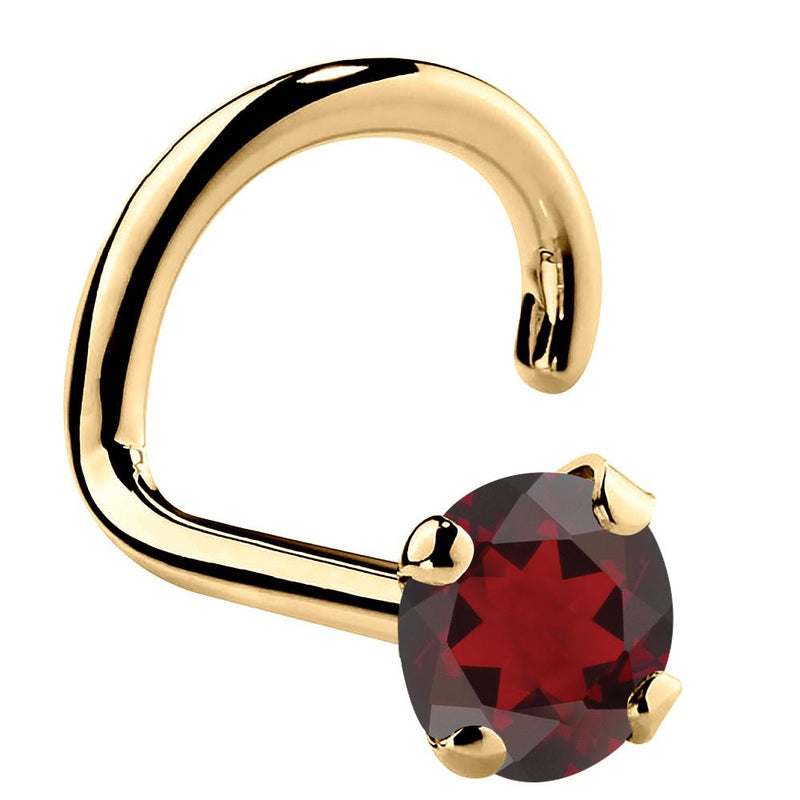 14K yellow gold garnet nose ring twist style with 3mm large genuine red garnet, side profile