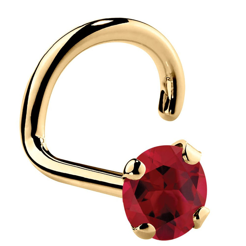 14K yellow gold genuine ruby twist nose ring with 3mm large red ruby, bold prong-set stone close-up