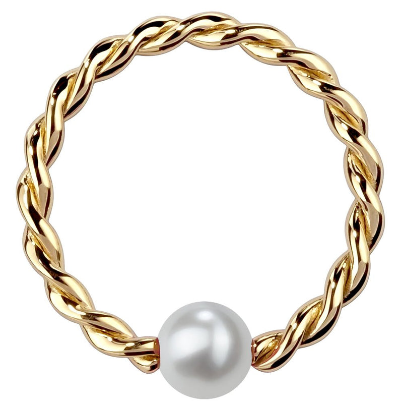 14K yellow gold twisted captive bead ring with cultured pearl, front view on white background