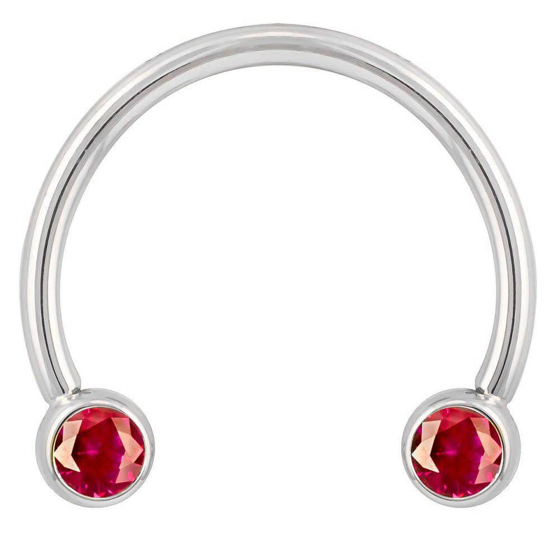 14k white gold circular barbell with red CZ bezel ends, smaller diameter front view