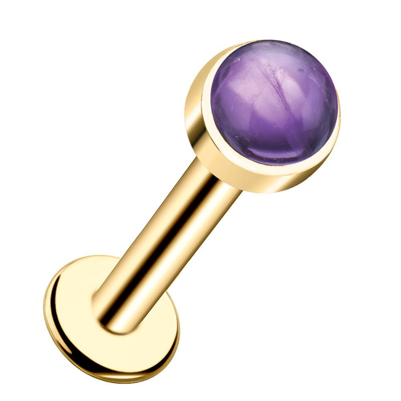 14k yellow gold flat back labret with 3mm amethyst cabochon in bezel setting, angled front view