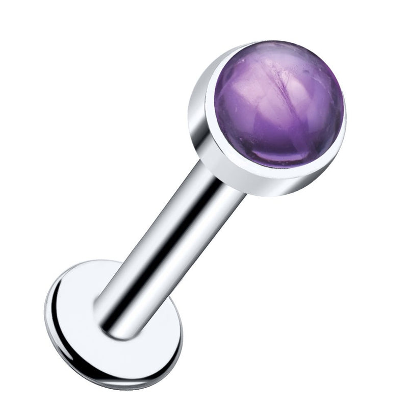14k white gold flat back labret with 3mm amethyst cabochon in bezel setting, angled front view