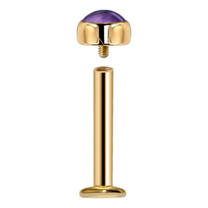 Exploded view of 14k yellow gold amethyst labret showing threaded gem end separated from flat back post