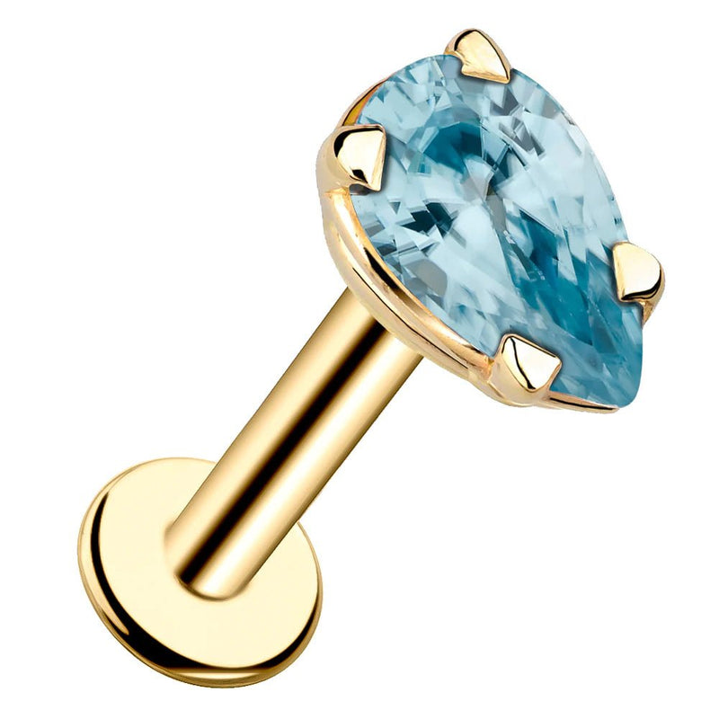 14k yellow gold aquamarine pear-shaped flat back labret stud with prong setting, angled view