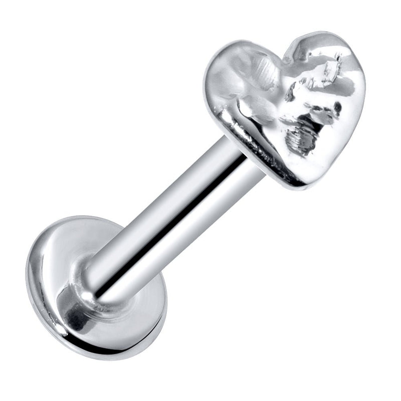 14K white gold hammered heart flat back labret, angled view highlighting hammered texture