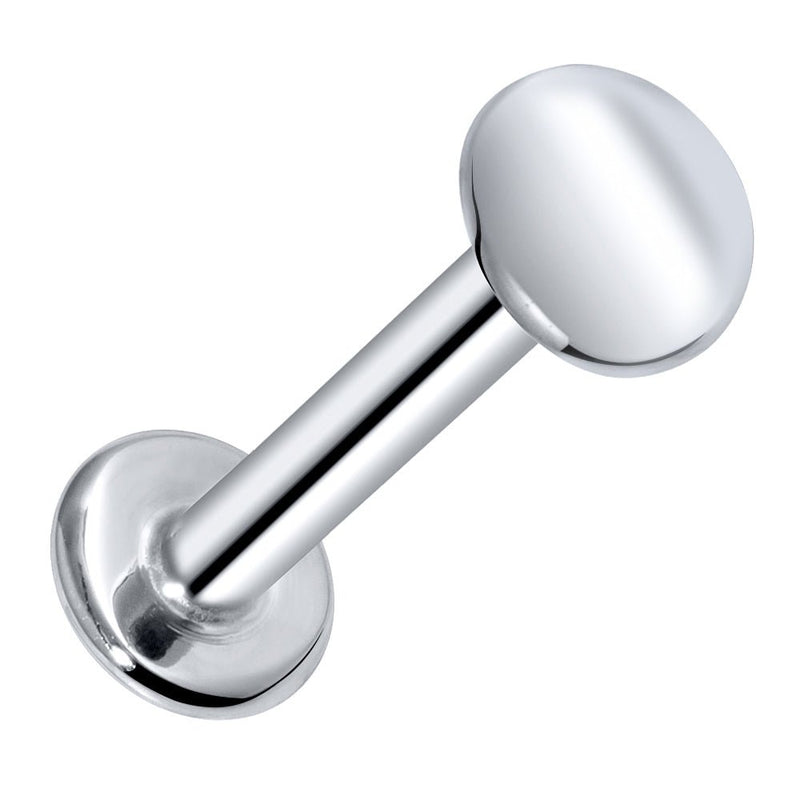 14K white gold 4mm disc flat back labret stud, front-angled view on white background