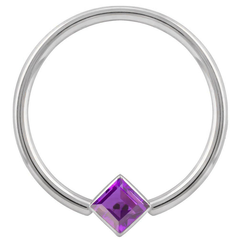 14k white gold fixed bead ring with purple princess-cut CZ corner-mount bezel, front view