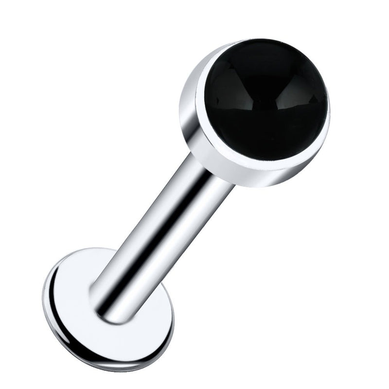 14k white gold flat back labret with 3mm bezel-set black onyx cabochon, angled product view