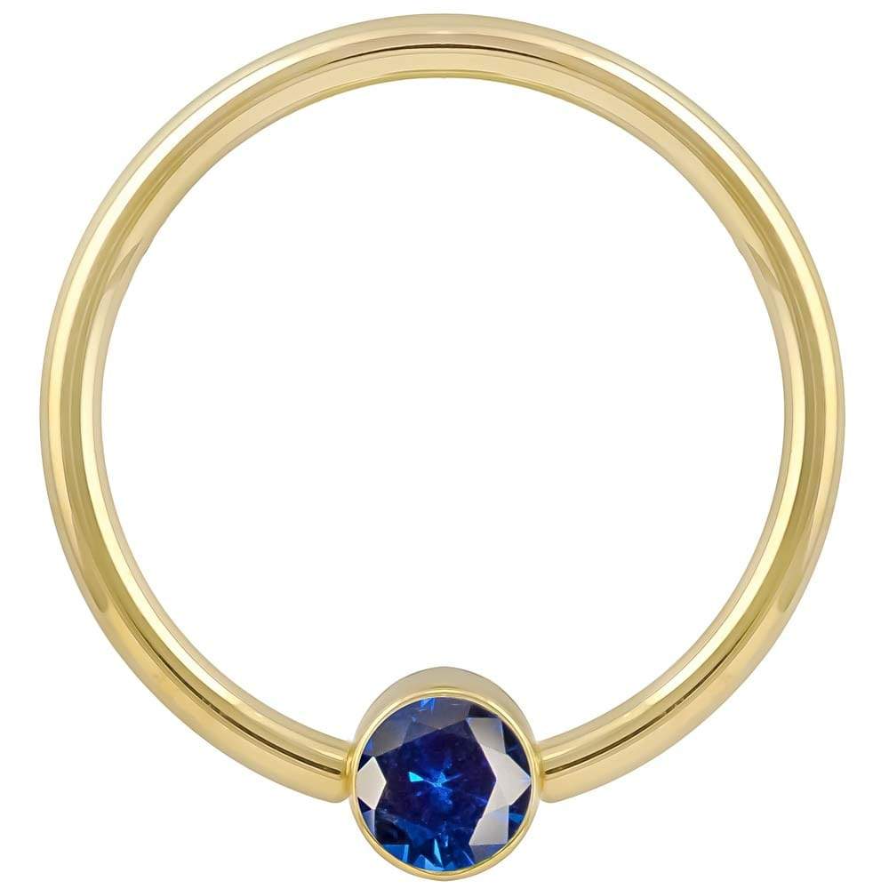 Yellow Gold Blue Cubic Zirconia Round Bezel 14k Gold Captive Bead Ring