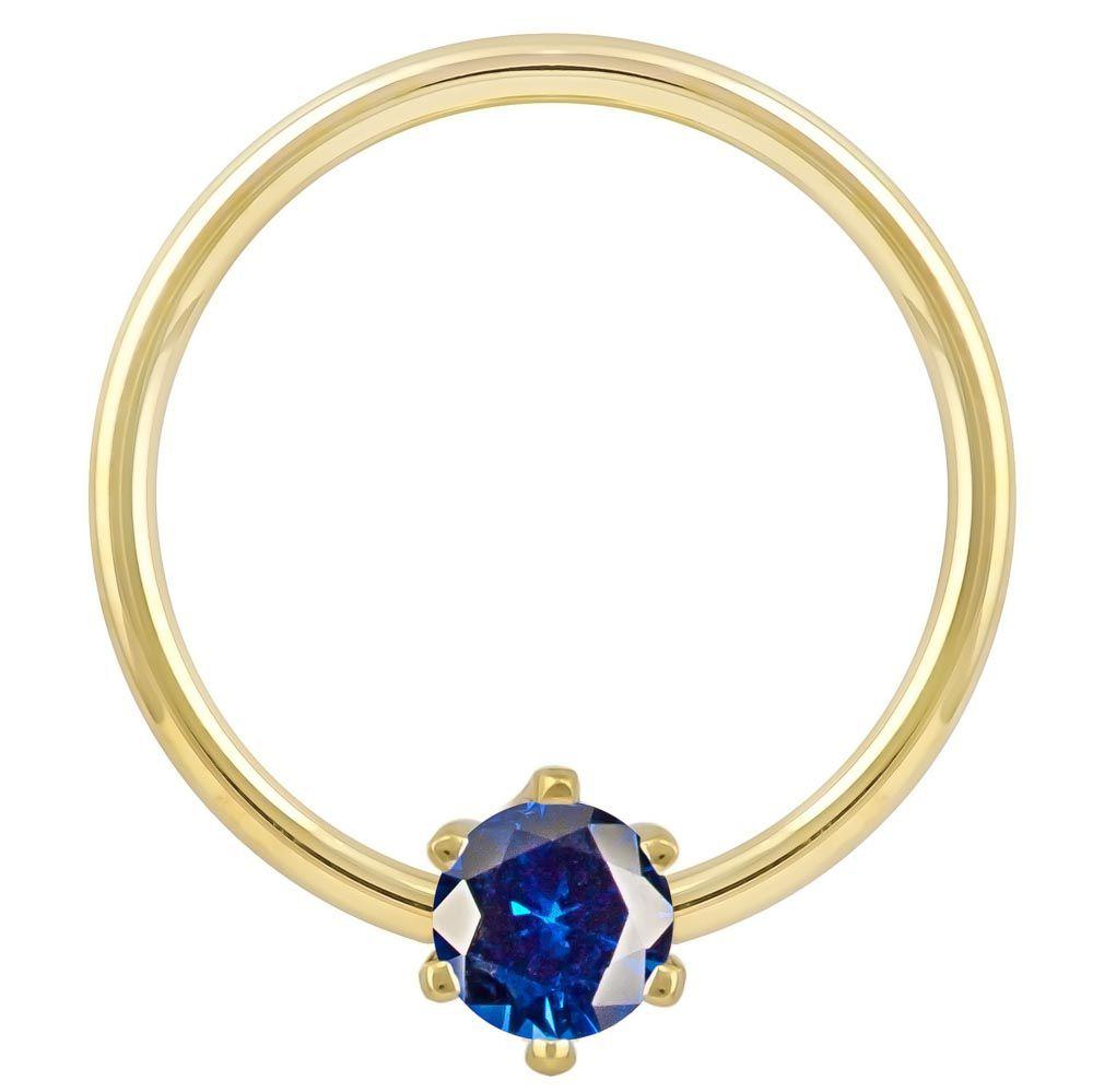 Blue Cubic Zirconia Round Prong 14k Gold Captive Bead Ring-14K Yellow Gold   12G (2.0mm)   3 4" (19mm)