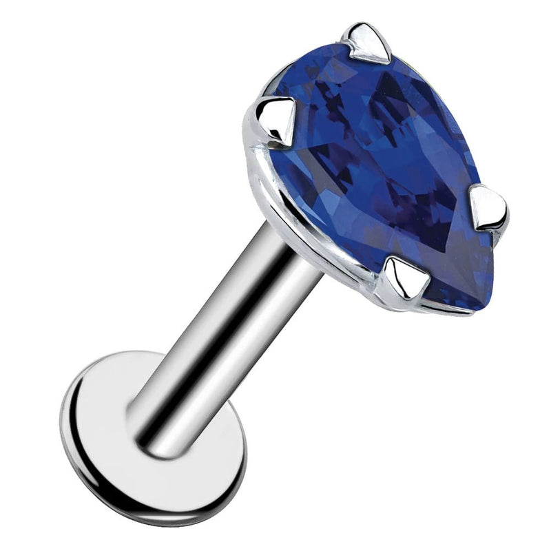 14k white gold pear-cut blue sapphire flat back labret stud, angled view showing silver-tone prong setting
