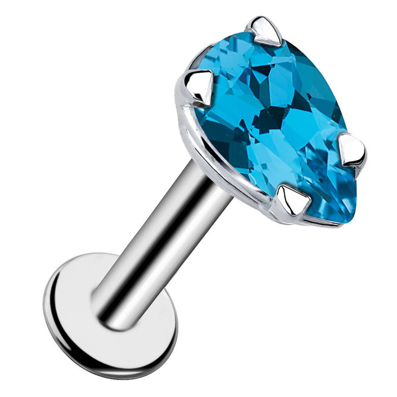 14k white gold pear-cut blue topaz flat back labret stud with prong setting, angled product view