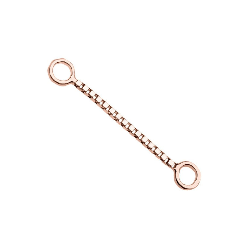 14k rose gold 14mm box chain piercing connector, angled view with warm rose tone box links
