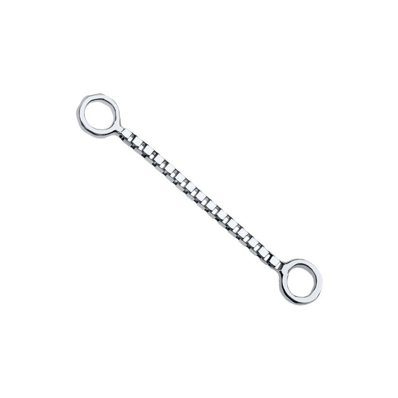 14k white gold 14mm box chain piercing connector, angled view showing polished silver-tone links