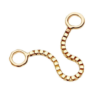 14k yellow gold box chain piercing connector with two ring ends, shown in curved S-shape