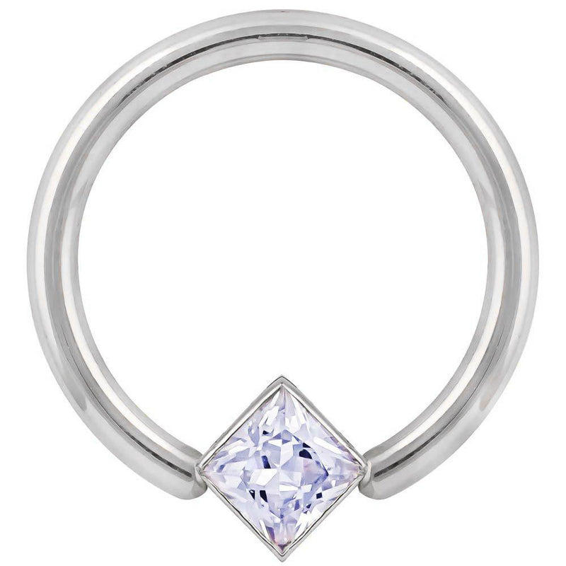 Close-up front view of 14k white gold fixed bead ring highlighting 4mm princess-cut CZ setting