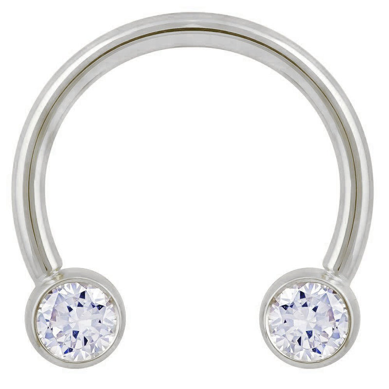 14k white gold circular barbell with dual round CZ bezel ends, front view on white background