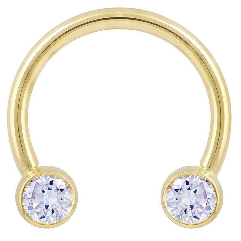 14k yellow gold circular barbell with larger 4mm bezel-set CZ ends, 12G front view
