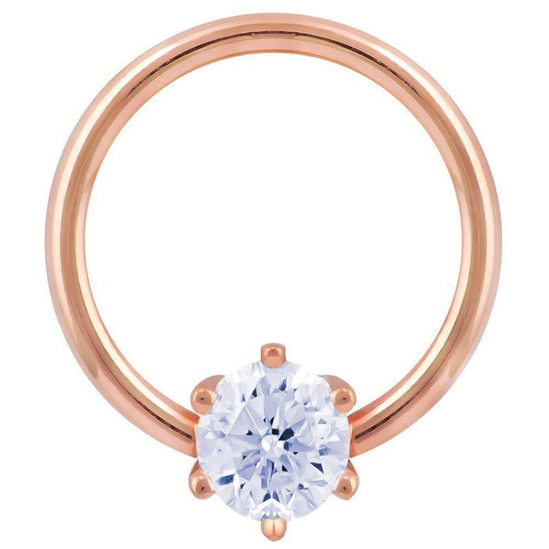 14k rose gold CZ fixed bead ring with round-cut cubic zirconia in six-prong setting, front view