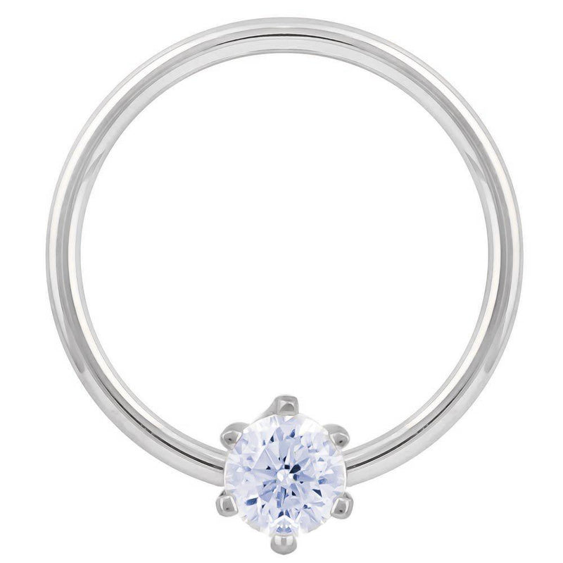 14k white gold CZ fixed bead ring, larger hoop diameter highlighting polished band and CZ stone