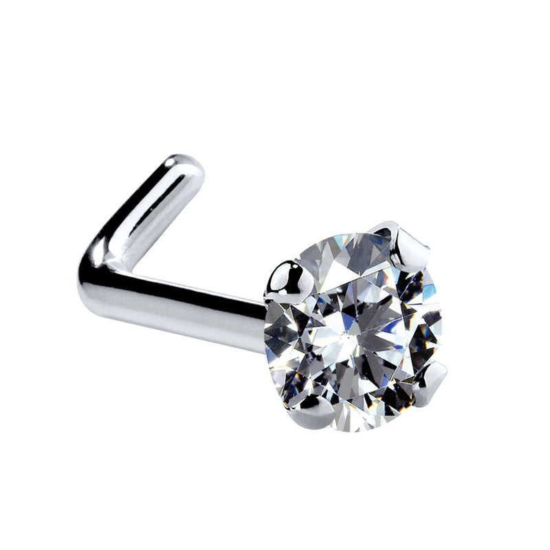 14k white gold CZ nose ring L-post style, angled view showing right-angle bend at end of post
