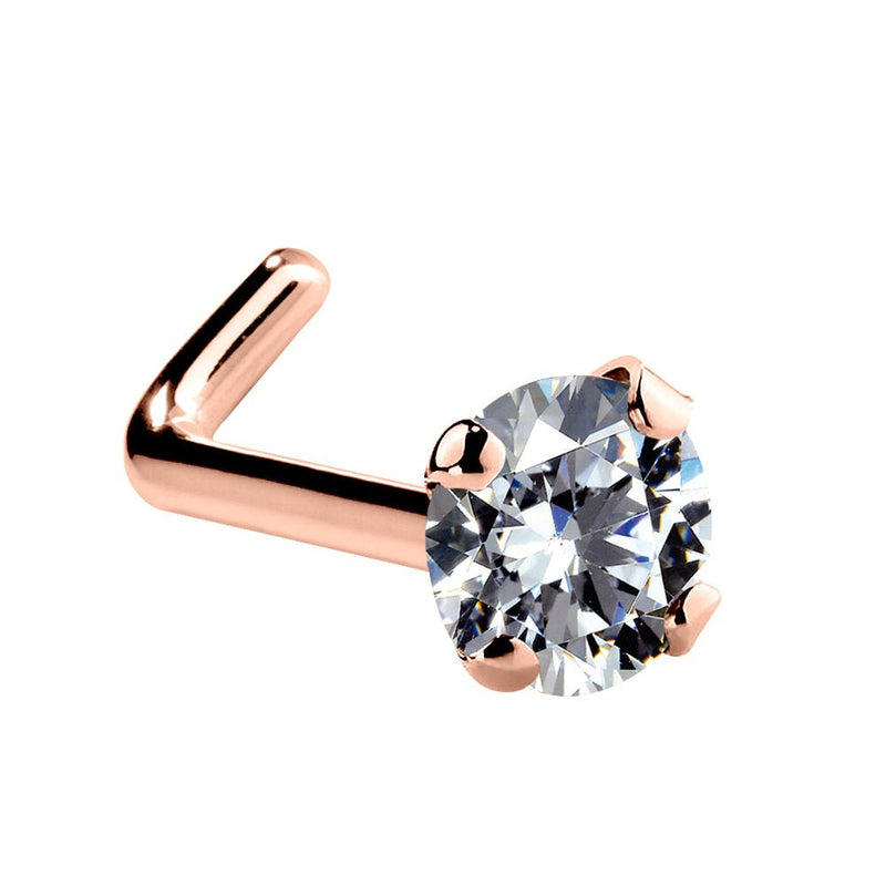 14k rose gold 2.5mm CZ nose ring L-post style, angled view highlighting rose gold L-shaped backing