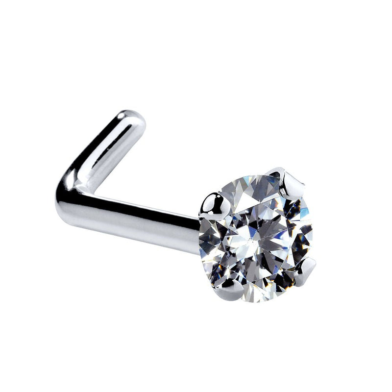 14k white gold CZ L-post nose stud showing 90-degree bent post and 2mm round CZ in prong setting