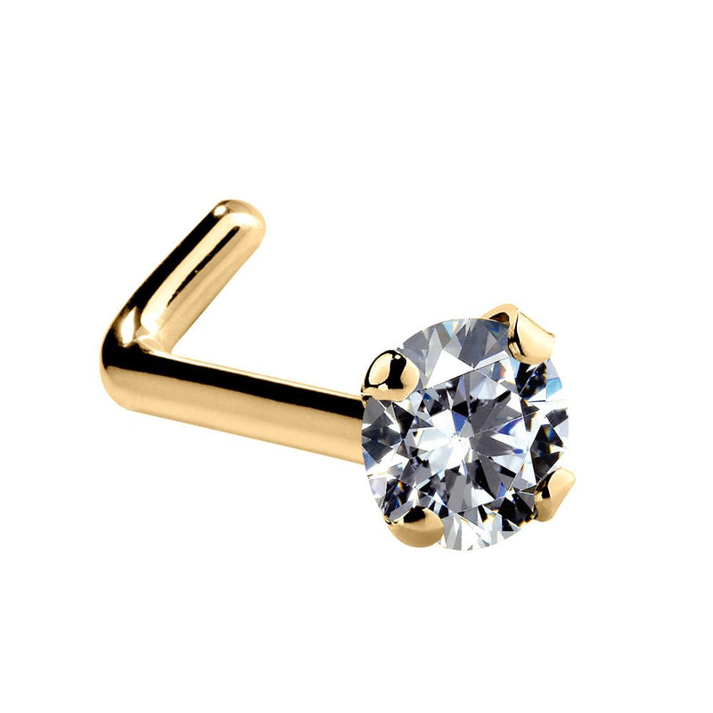 14k yellow gold CZ L-post nose stud with angled L-shaped post and 2mm round CZ in 4-prong setting