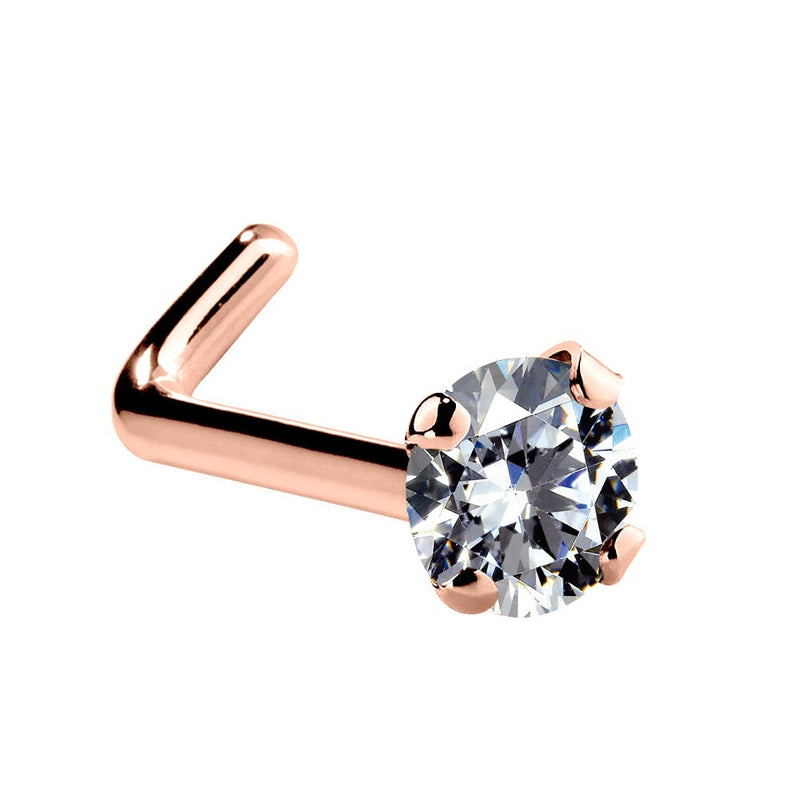 14k rose gold CZ L-post nose stud showing L-shaped post and 2mm prong-set CZ in warm rose gold