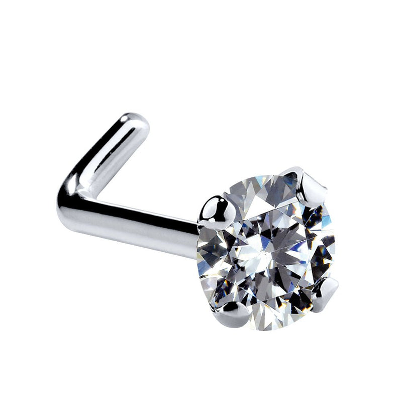 14k white gold 3mm CZ nose ring L-post style showing angled backing for secure fit
