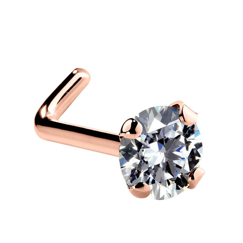 14k rose gold 3mm CZ nose ring L-post style with sparkling prong-set stone and L-shaped backing