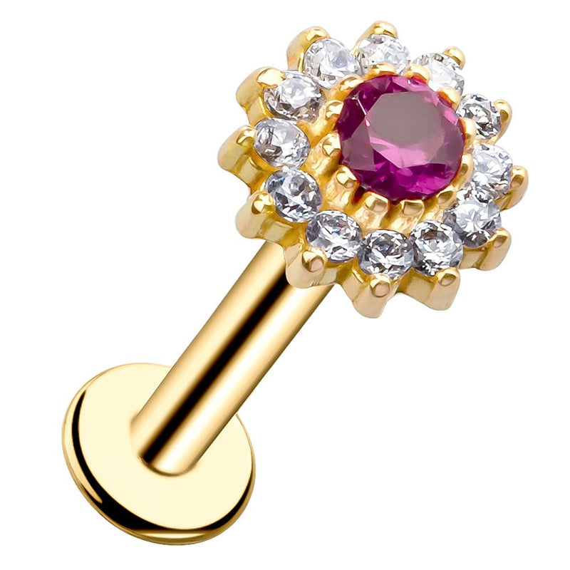 14k yellow gold gem cluster flat back labret with ruby center and CZ halo, angled product view