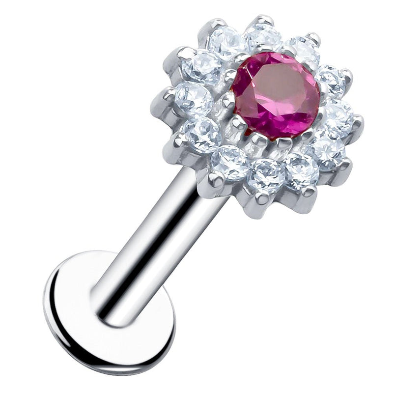 14k white gold gem cluster flat back labret with ruby center CZ surround, angled product view