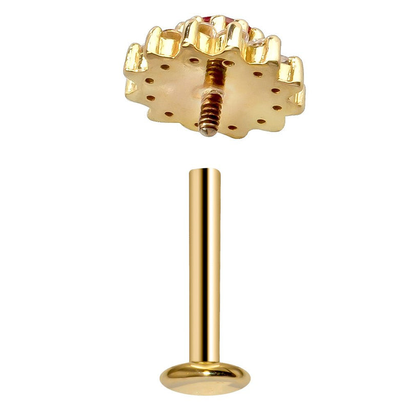 Reverse view of 14k gold gem cluster labret showing internally threaded post and flat disc back