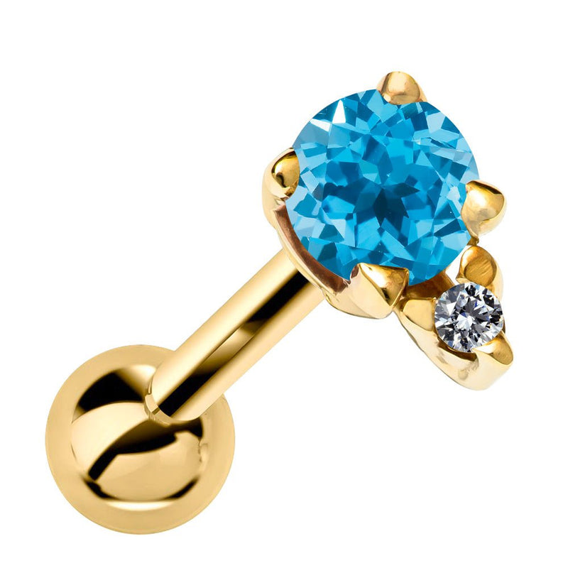 14k yellow gold cartilage stud with genuine blue topaz and diamond accent, front view