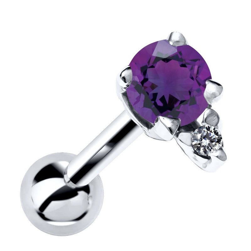 14k white gold cartilage stud with genuine amethyst and diamond accent, front view