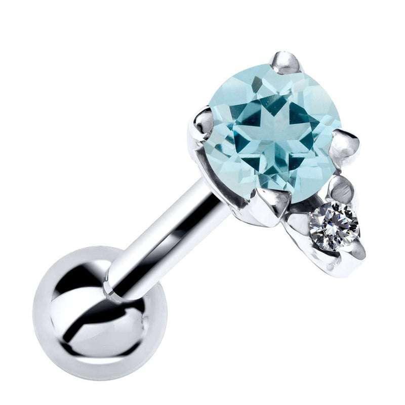 14k white gold cartilage stud with genuine aquamarine and diamond accent