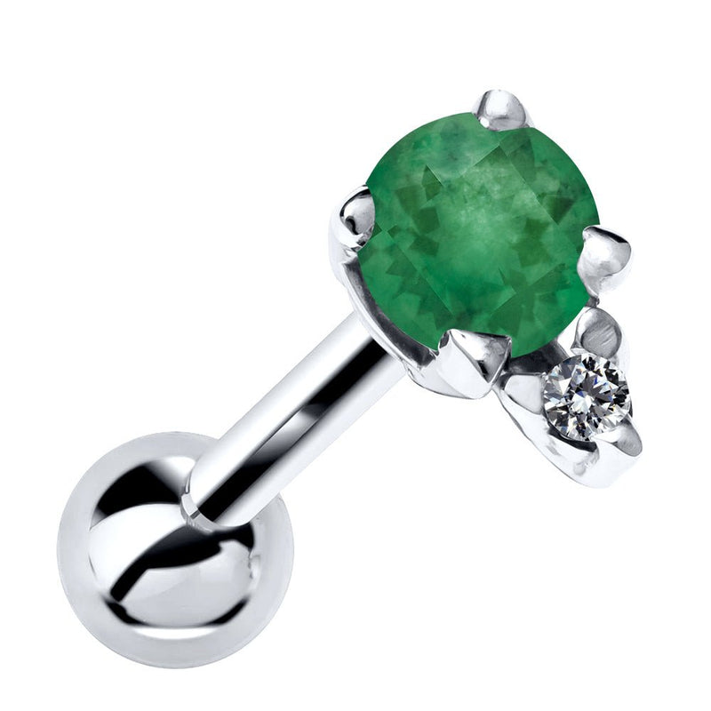 14k white gold helix stud with genuine emerald and diamond accent, front view