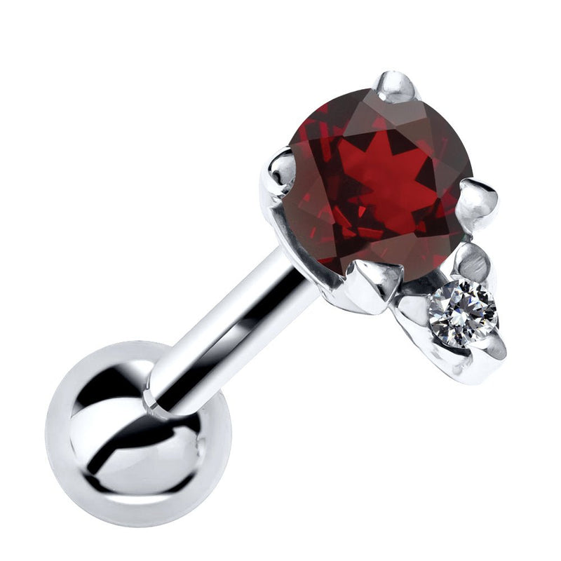 14k white gold cartilage stud with genuine deep red garnet and diamond accent