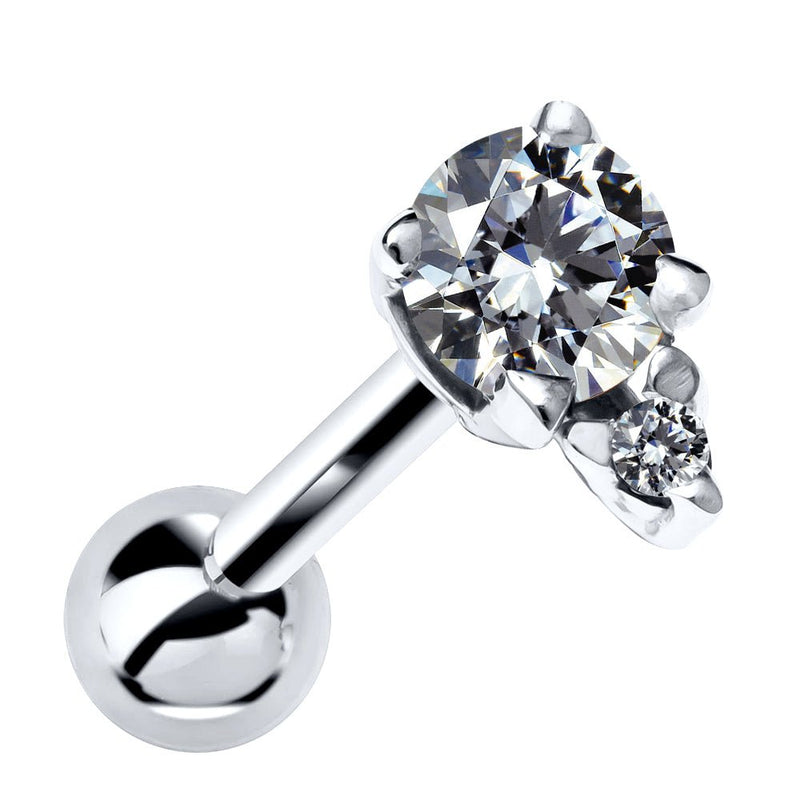 14k white gold cartilage stud with round CZ birthstone and diamond accent, front view